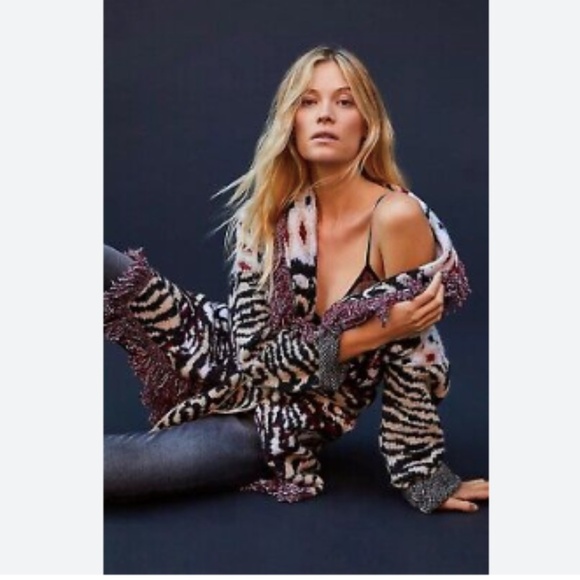 Anthropologie Paloma Fringed Cardigan Animal Print Fringe XL - Picture 2 of 15